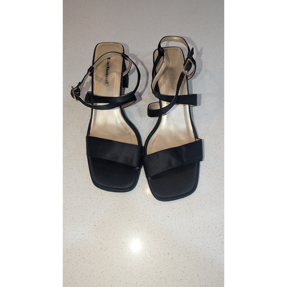 Unlisted Strappy Sandals Black Satin Square Toe Block Heel Size 10 Y2K 90s 2000s